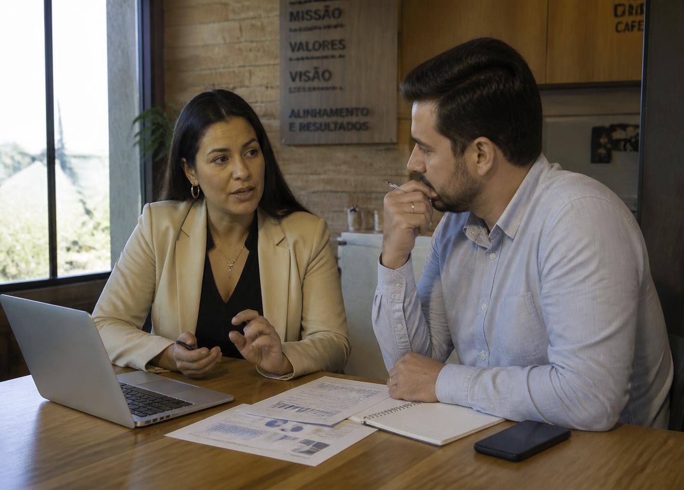 Empresária e consultor analisando relatórios de gestão em uma reunião de trabalho
